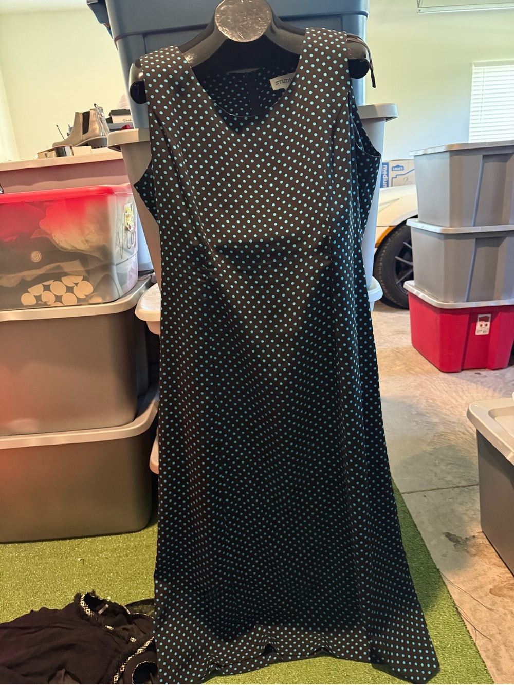 Sleeveless Black Dress with Teal Polka Dots - Classic Shift Dress p27